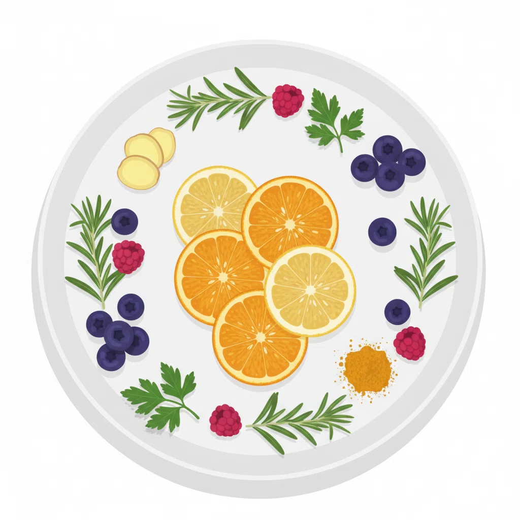 Bovenaanzicht van kleurrijke superfoods: citrus, groene kruiden, paarse bessen en gember op witte ondergrond