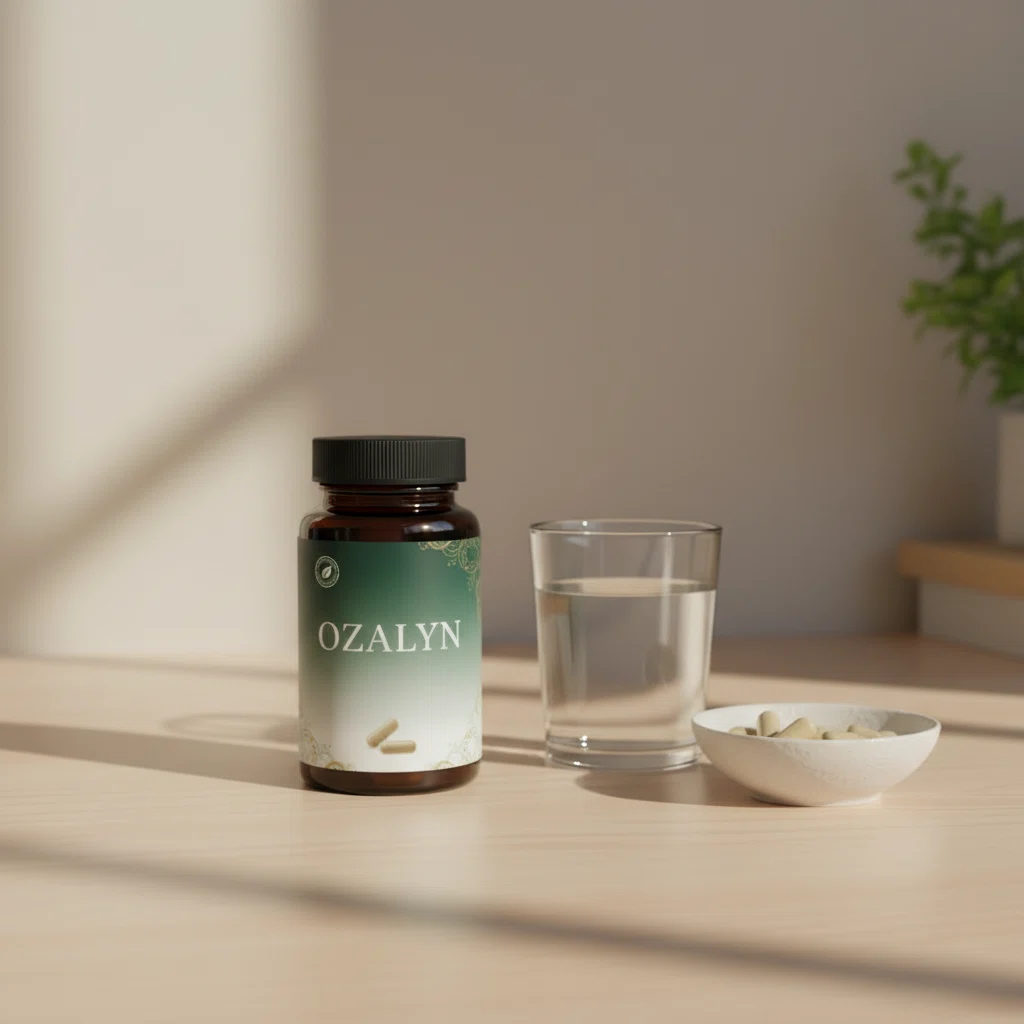Ozalyn supplement fles op marmeren ondergrond naast lavendel en botanische elementen