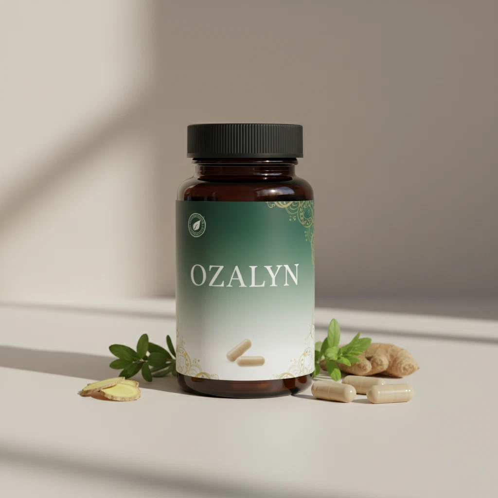 Ozalyn plantaardig supplement fles, paars etiket met witte letters